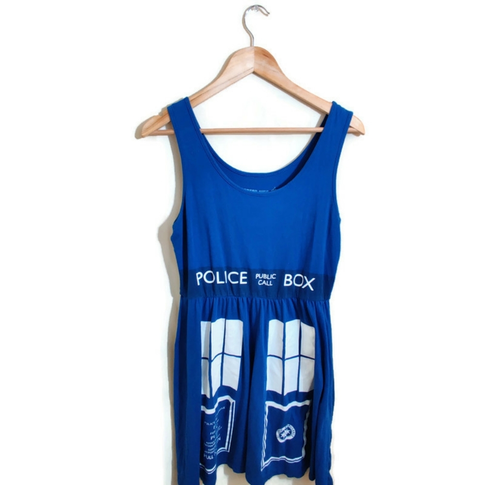 HER UNIVERSE BBC Doctor Who Blue & White Sleeveless Fan Merch Halloween Dress L